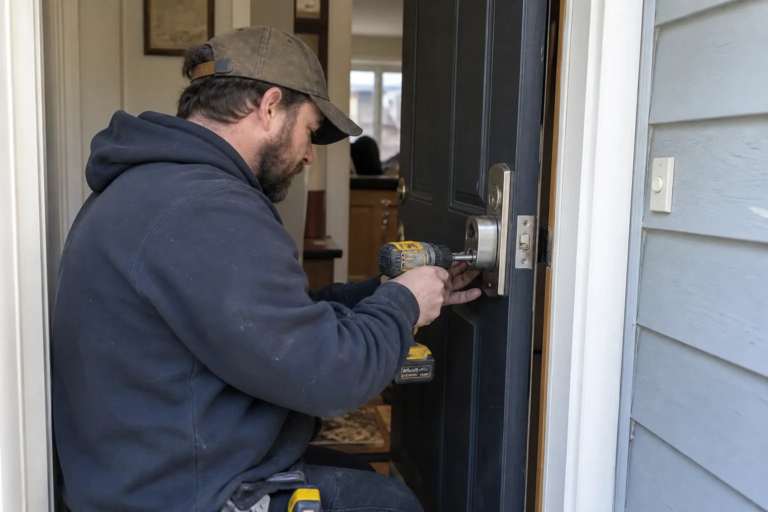 Technician in a brown cap using a yellow cordless drill at the lockset plate of a navy door beside gray-blue siding. — Agincourt
