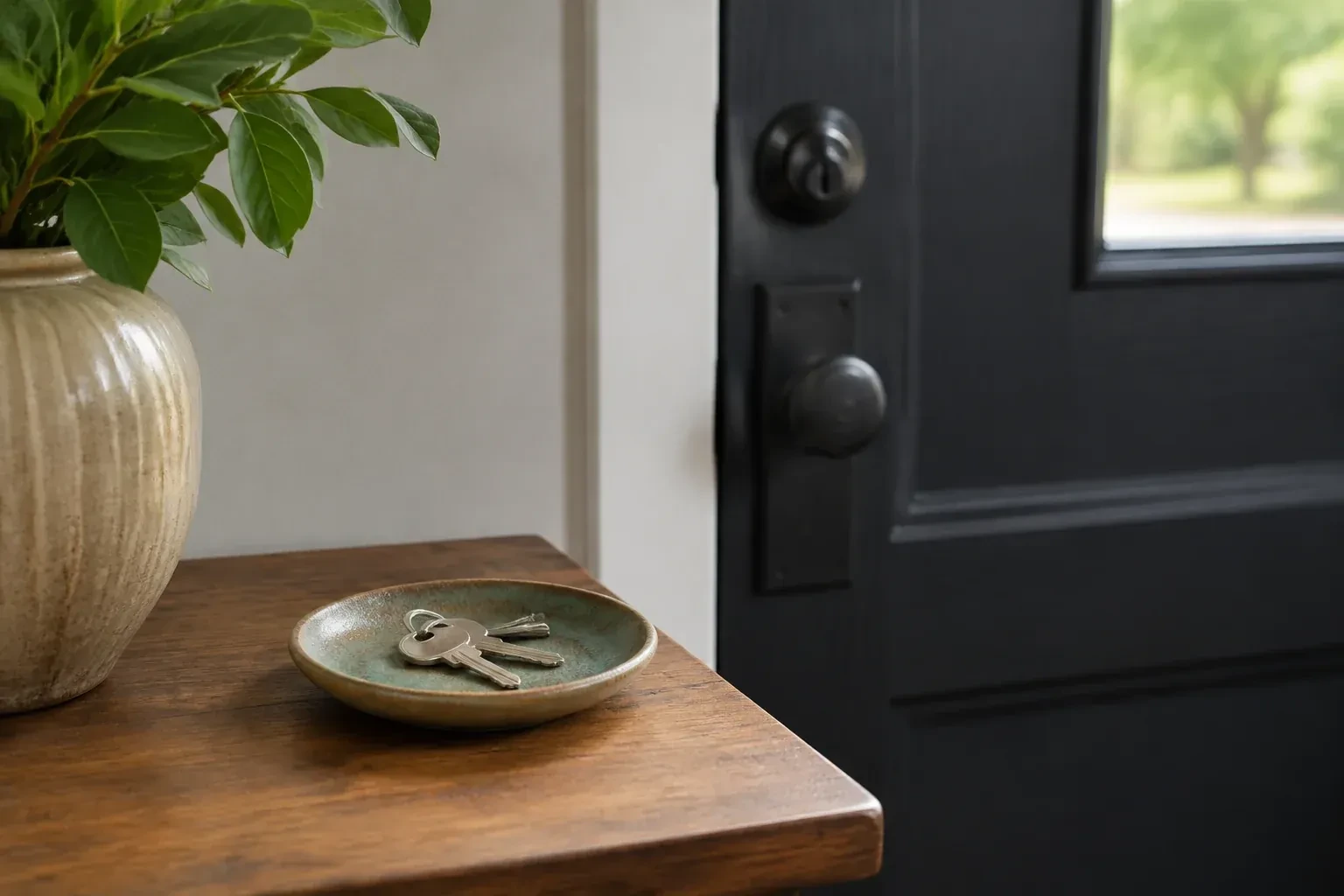 Ceramic dish holding keys on a wooden table beside a leafy vase, with a black door, deadbolt and knob behind. — Toronto