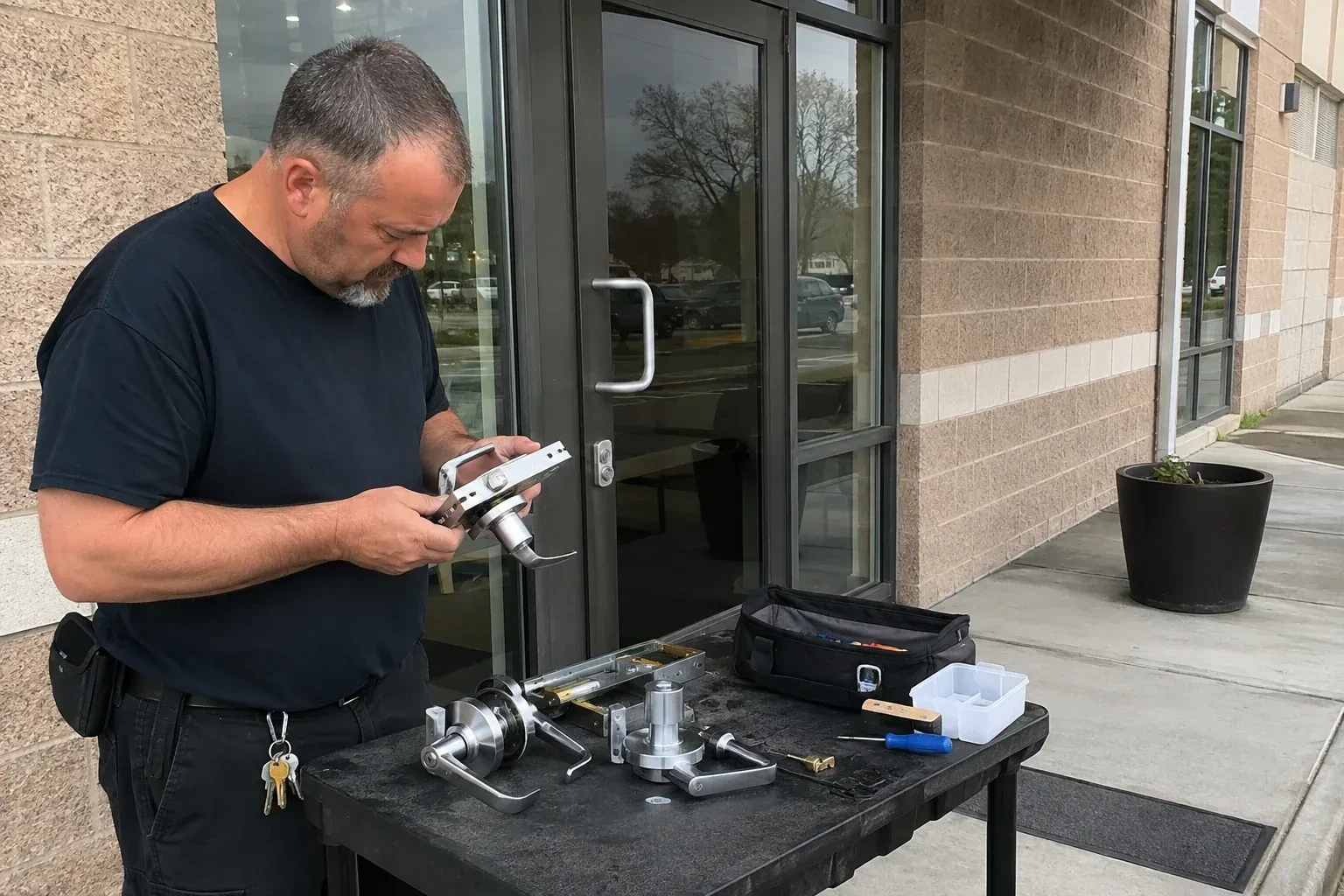 Person holding a door-handle and latch assembly at a worktable outside a glass entrance, with additional handles and tools laid out. — Commercial Rekeying, Toronto