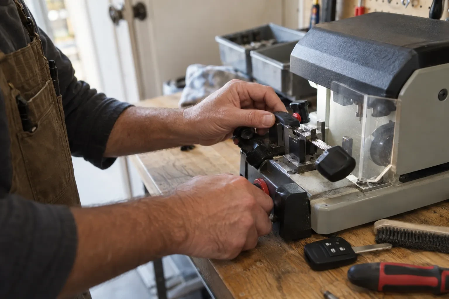 Hands clamping a key blank in a key-cutting machine on a wooden bench, with a car remote, screwdriver and wire brush nearby.