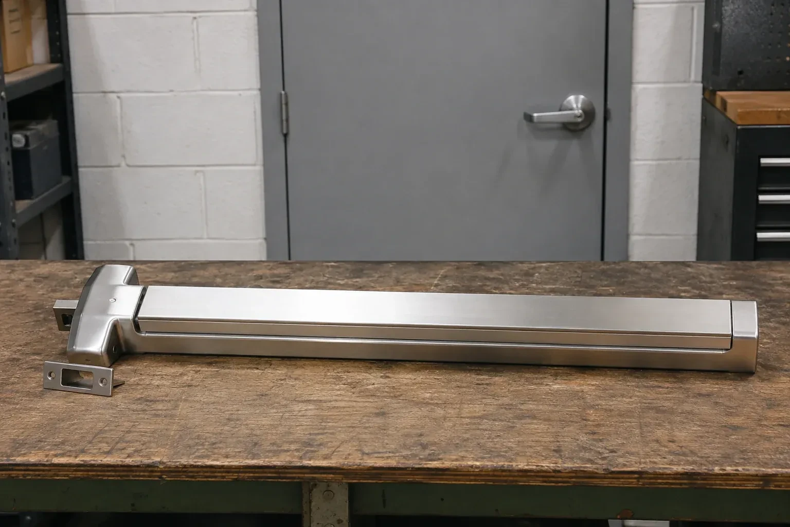 Detached horizontal exit device and separate strike component on a workshop bench. — Panic & Exit Hardware, Toronto