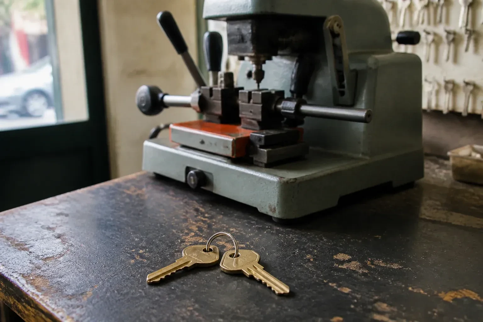 Two brass house keys on a ring resting on a workshop counter. — Spare Car Key Duplication, Toronto