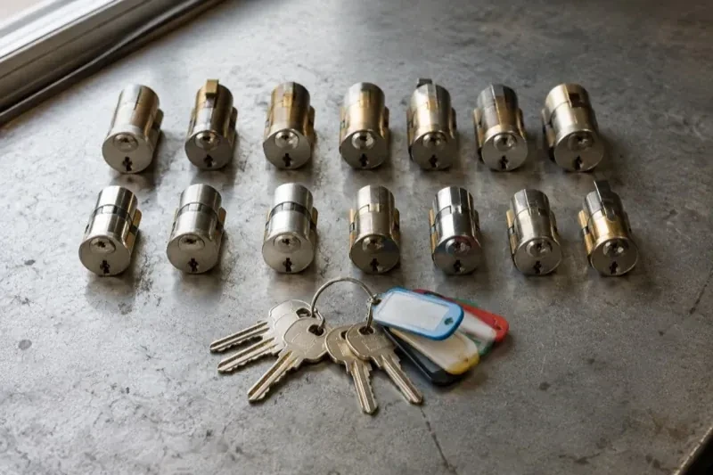 Two rows of lock cylinders on a metal surface with keys and colored key tags in front. — Master Key System Design, Toronto